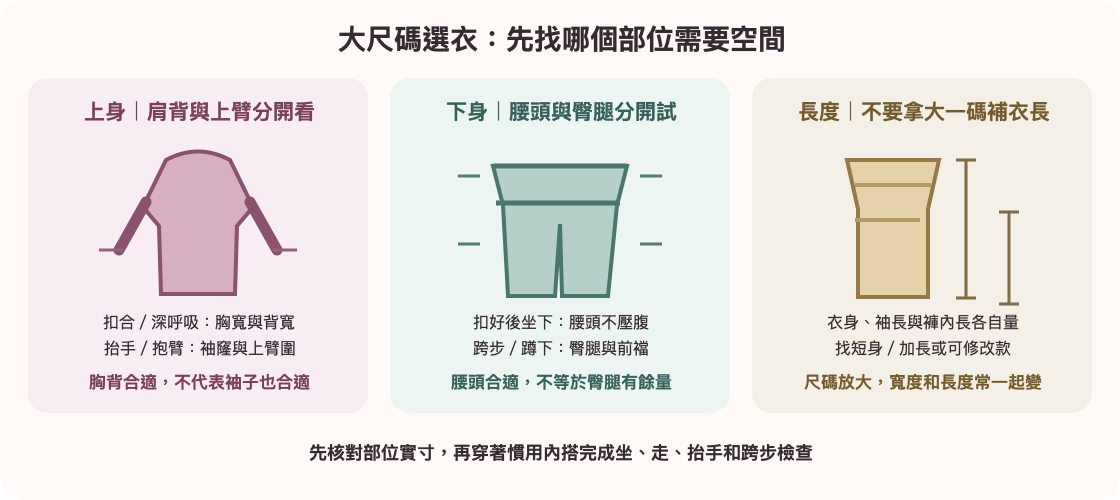 大尺碼女裝合身誤判示意:胸背與上臂、腰頭與臀腿、衣身與袖長褲長分開檢查