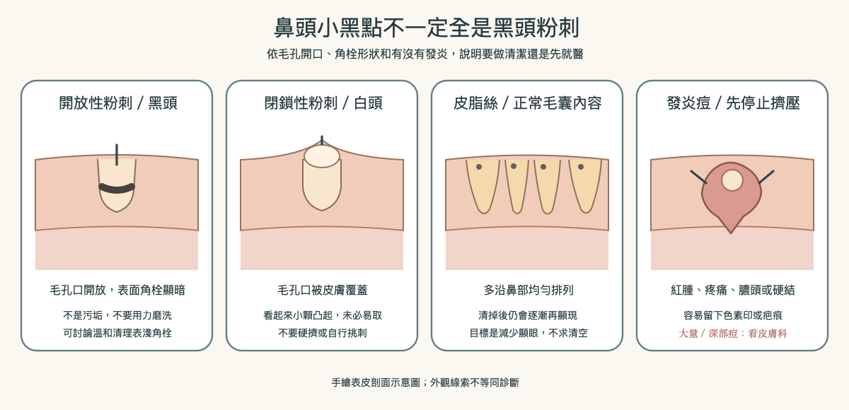 開放粉刺、閉鎖粉刺與鼻部皮脂絲外觀概念手繪圖