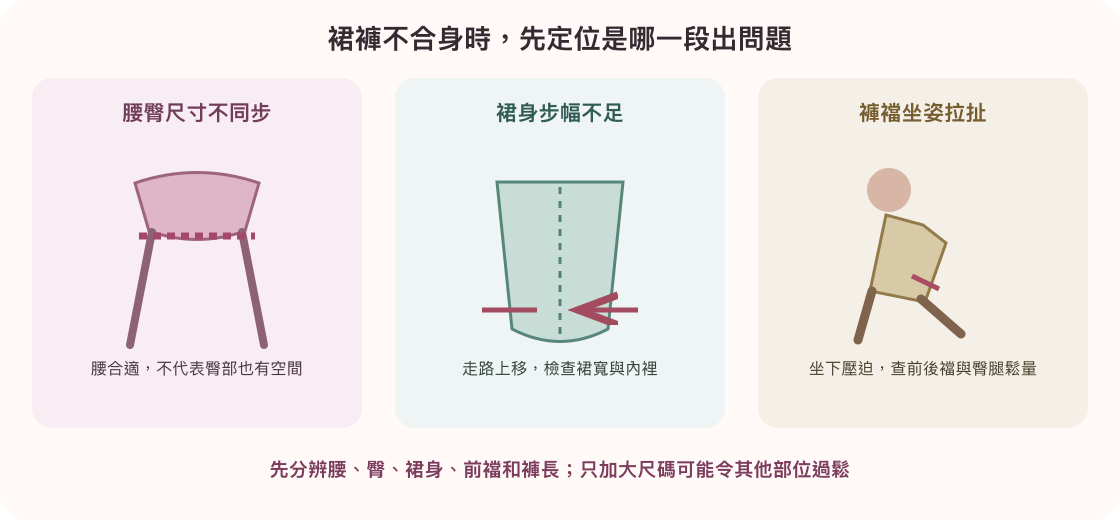 女裝裙褲尺寸誤判示意:分開檢查腰臀、裙身步幅與褲襠坐姿