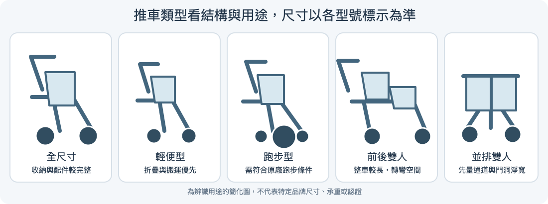 常見嬰兒推車外形比較：全尺寸、輕便型、跑步型、前後串列雙人與並排雙人
