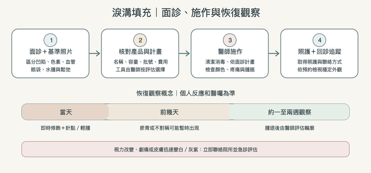 淚溝填充由面診、產品核對、醫師施作到恢復觀察的流程