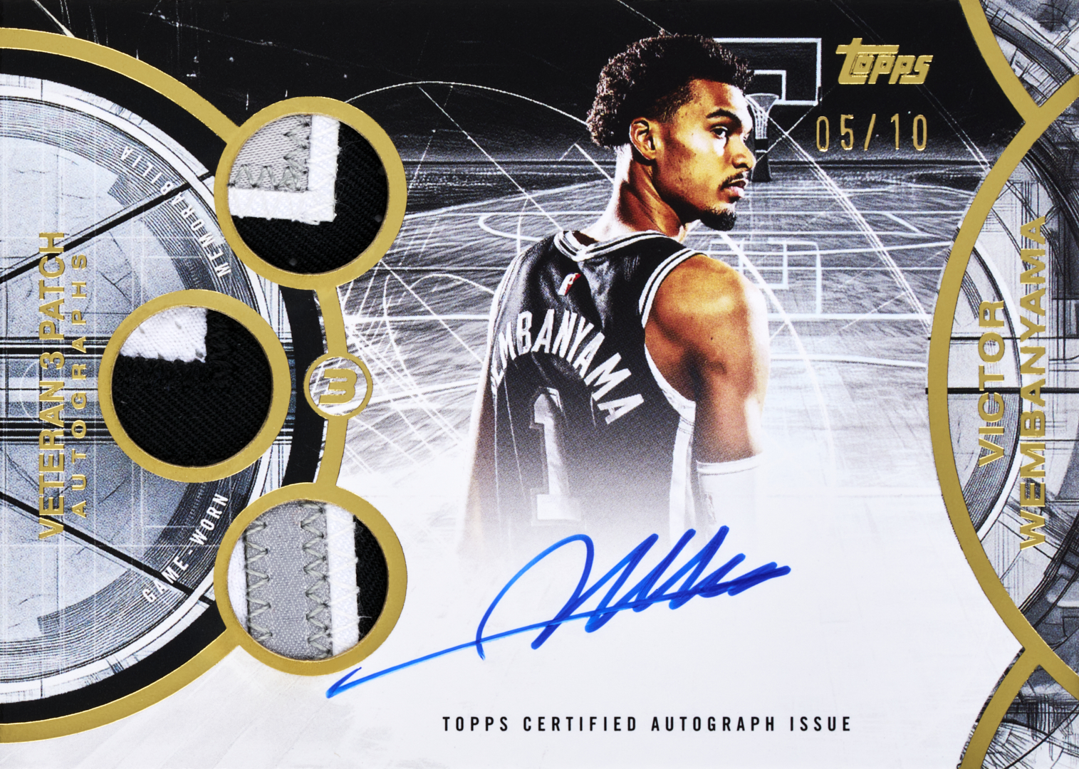Topps 官方 Victor Wembanyama 三片球衣簽名卡,卡面印有 /10 序號
