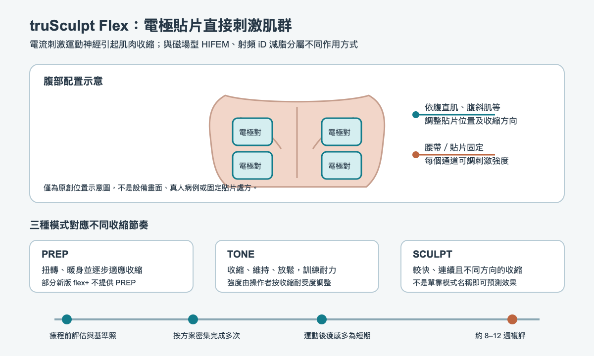 truSculpt Flex 貼片與三種模式、療程追蹤時間軸