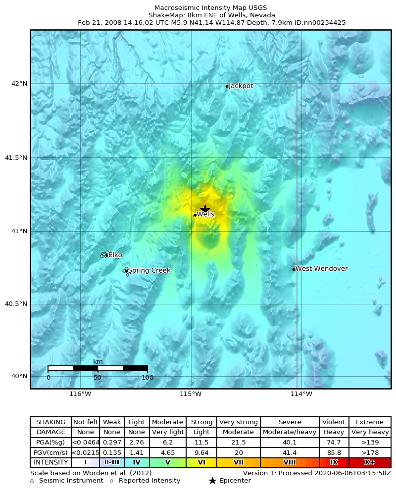 USGS ShakeMap 顯示 2008 年 Wells 規模 6.0 地震周邊的震動強度分布;同一次地震在不同地點有不同強度