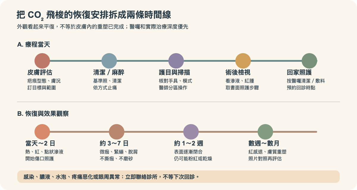 CO₂飛梭由醫師評估、麻醉、分區施作至結痂修復與效果追蹤的手繪流程圖