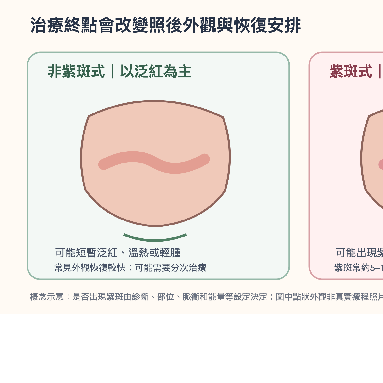 手繪示意:同一類血管雷射可有可見紫斑或以泛紅為主的治療終點