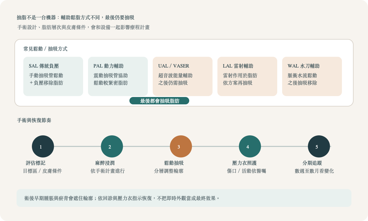 抽脂通用流程圖:評估標記、麻醉與浸潤、器械鬆動脂肪、抽吸塑形、穿壓力衣和分期追蹤