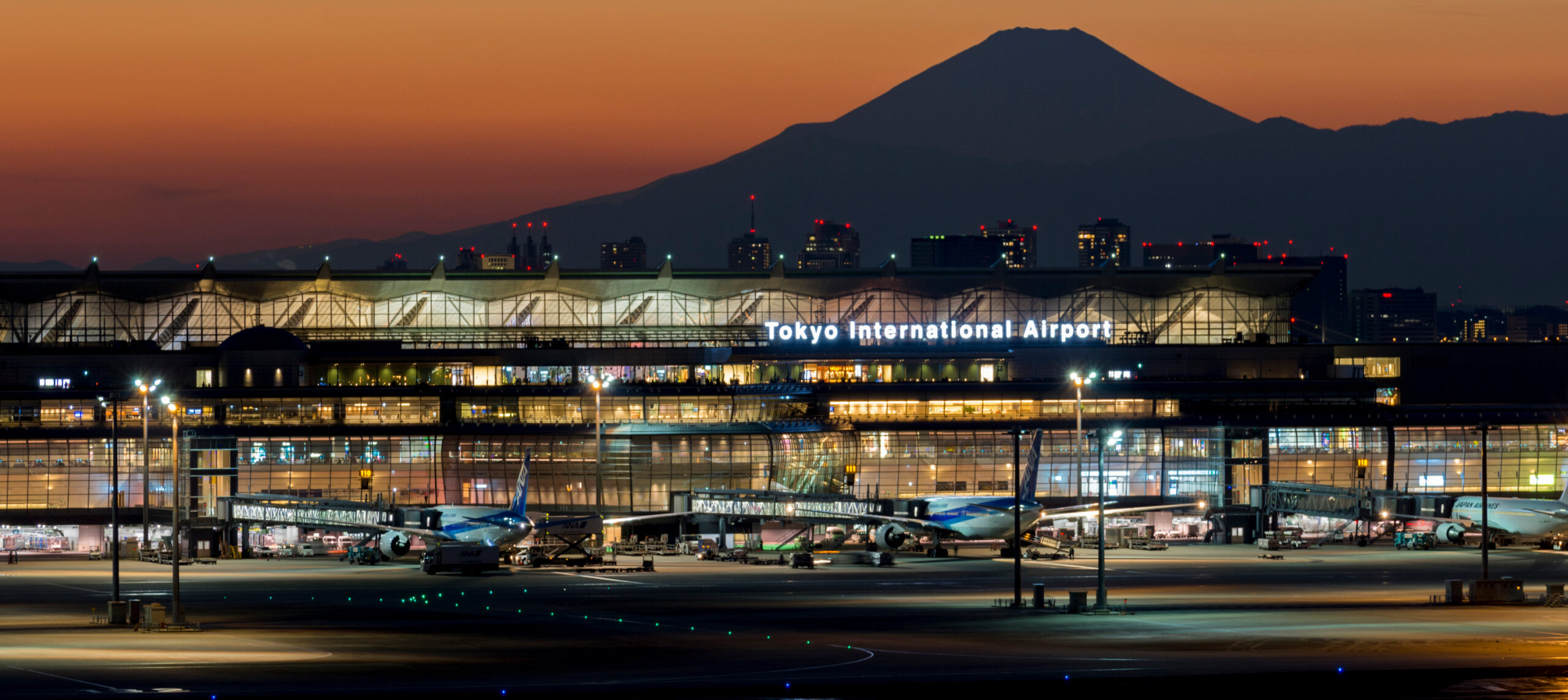 羽田機場夜間航廈與遠方富士山