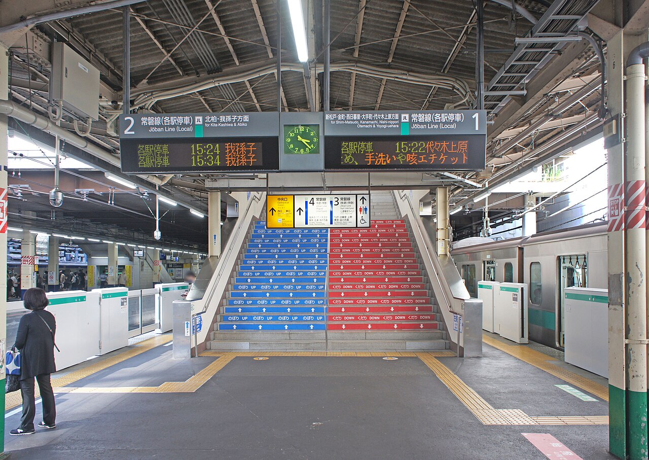 JR 常磐線柏站月台與發車資訊看板,示意旅客在車站確認列車狀況