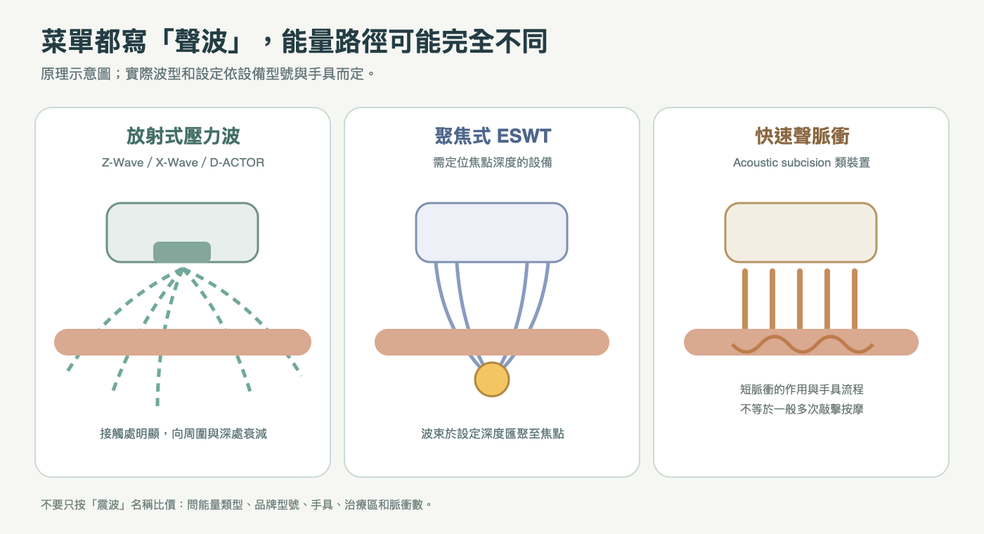 放射式壓力波手具與聚焦震波能量路徑手繪比較圖