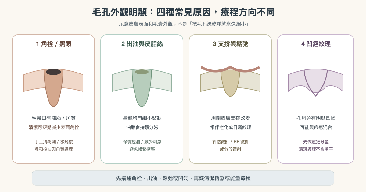 毛孔看起來明顯的常見原因:角栓、油脂、肌膚支撐變化和凹疤紋理