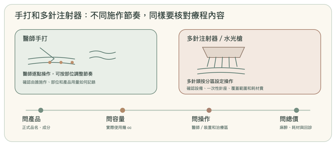 醫師手打與多針注射器的施作路徑和適合比較的流程欄位手繪圖
