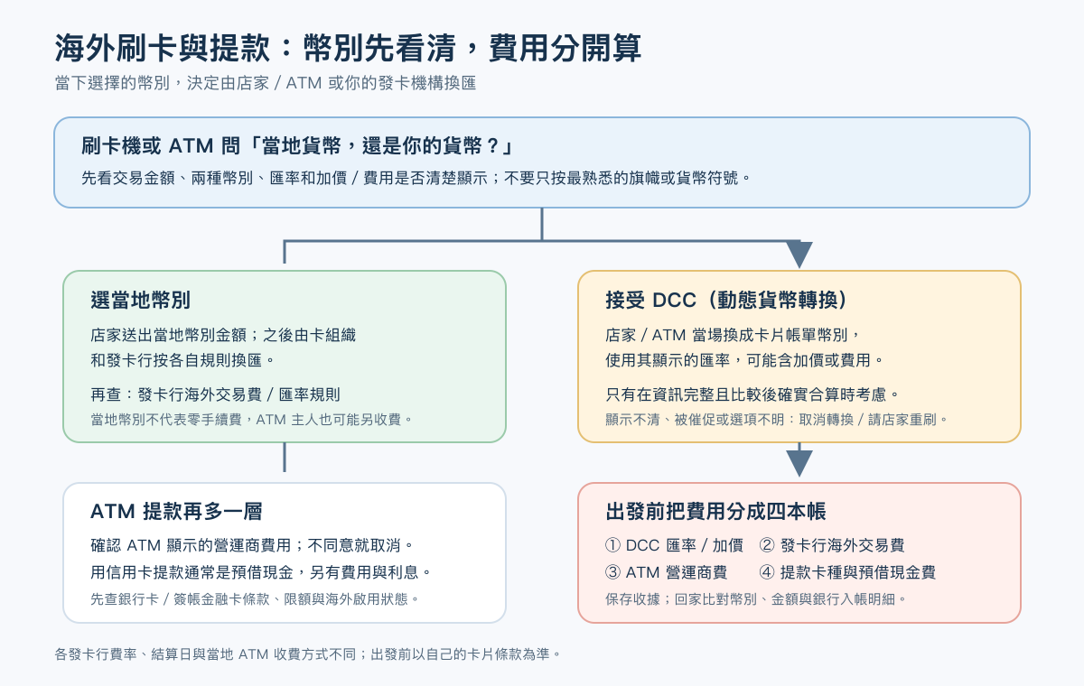 海外刷卡與提款幣別選擇、費用拆解圖
