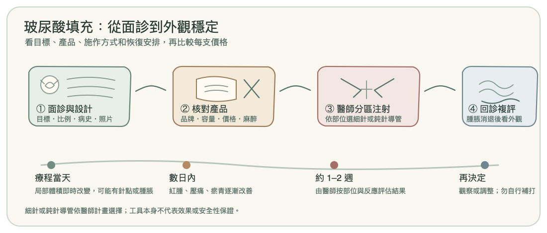 玻尿酸填充由面診設計、產品核對、醫師注射到恢復回診的手繪流程