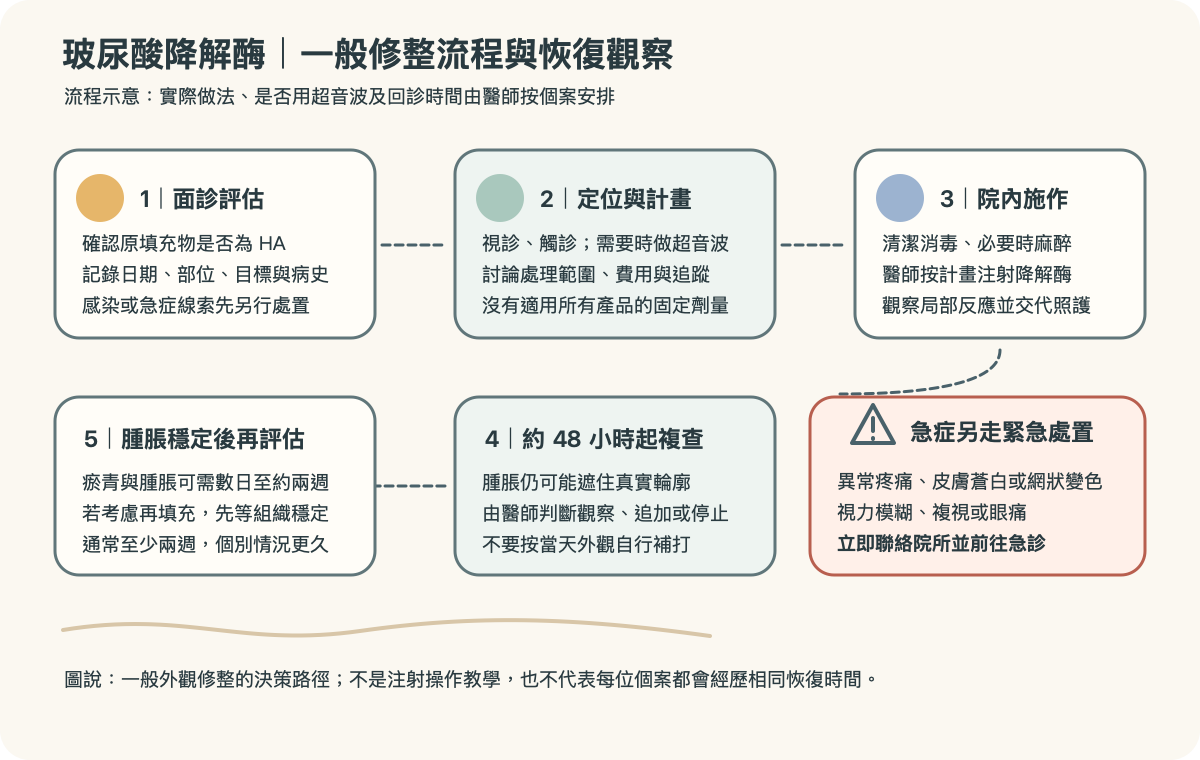 玻尿酸降解酶一般修整的評估、定位、施作與複查流程