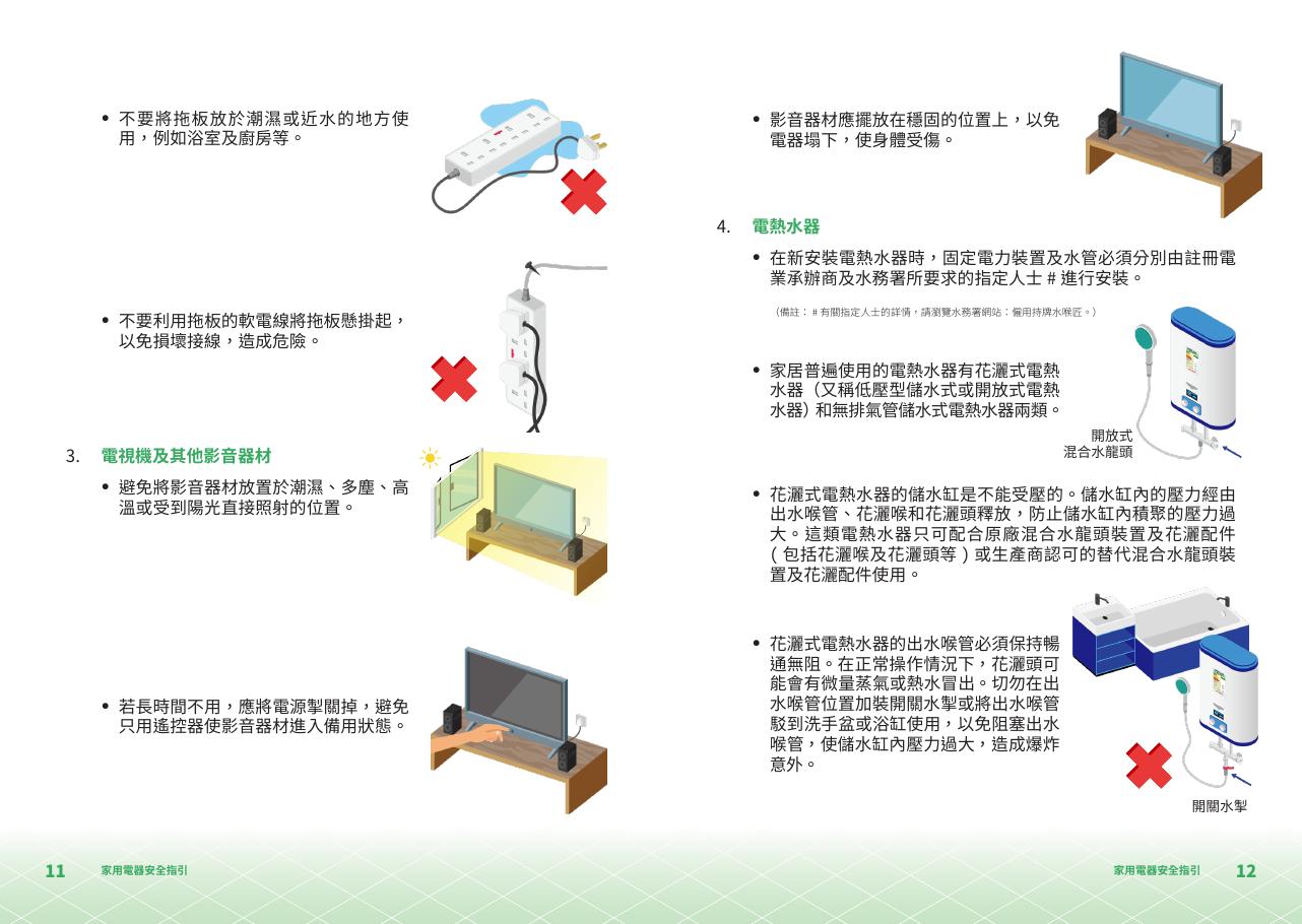 機電工程署《家居電氣安全手冊》中的拖板及家用電器安全示意
