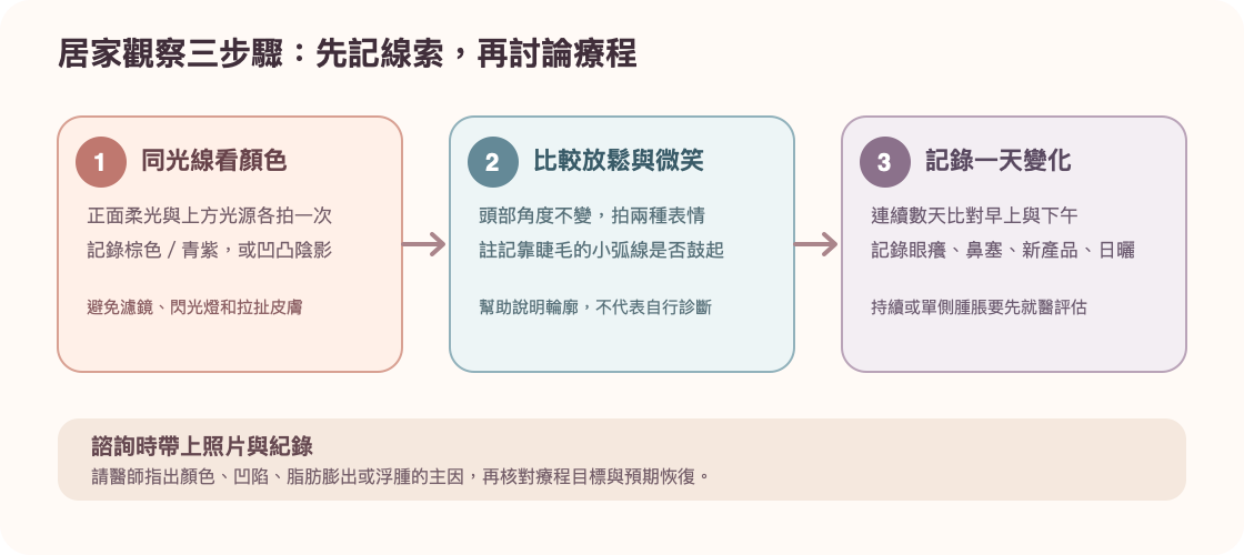 黑眼圈分流觀察:比較光線、表情和一天中的變化,再選擇日常照護或對應療程評估