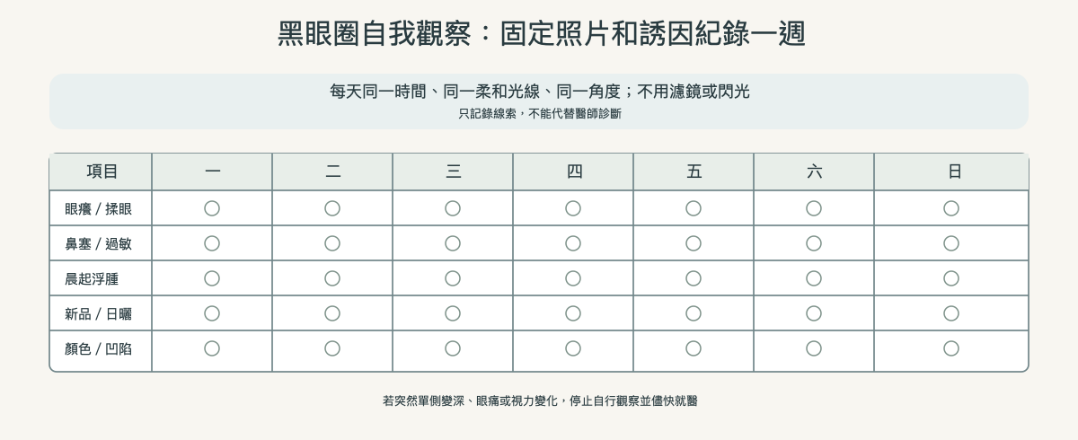 黑眼圈一週居家觀察紀錄表:眼癢、過敏、浮腫與新品紀錄