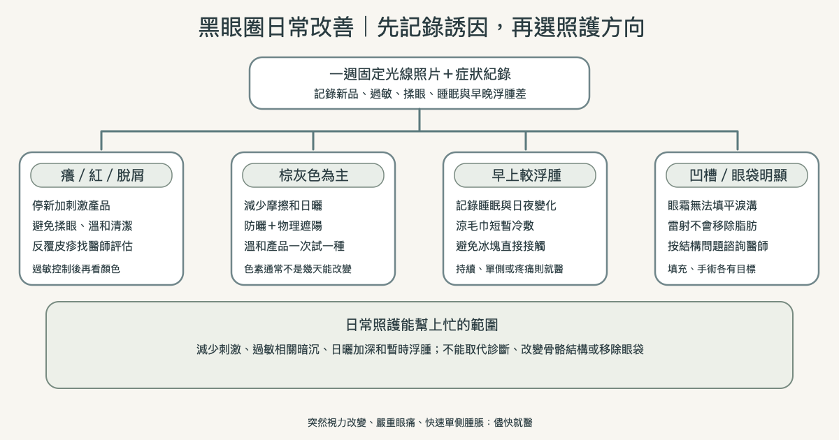 黑眼圈日常觀察分流:先看刺激、浮腫、顏色與凹陷,再決定眼周照護或就醫評估