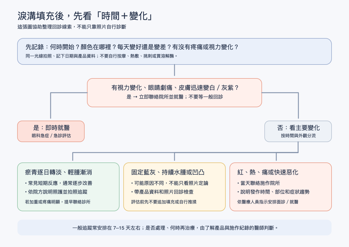 淚溝填充後依出現時間、顏色變化和不適程度分流:觀察恢復、聯絡診所或立即就醫
