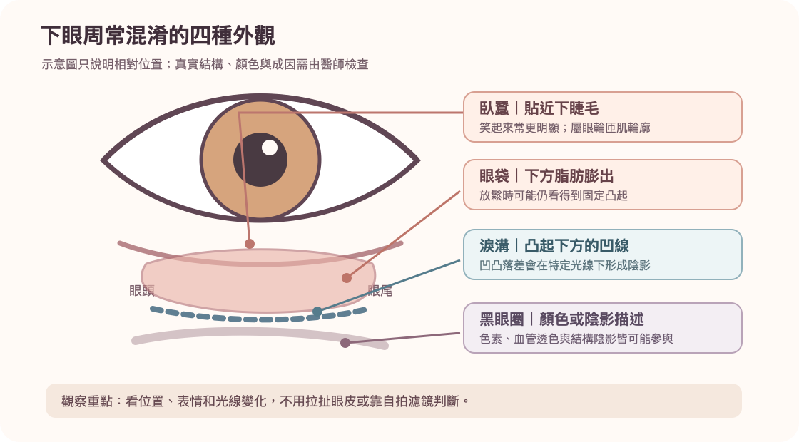 下眼周常見外觀位置示意:臥蠶靠近睫毛,眼袋是較下方的膨出,淚溝是眼袋下緣或內側的凹線,黑眼圈則可能來自顏色或陰影